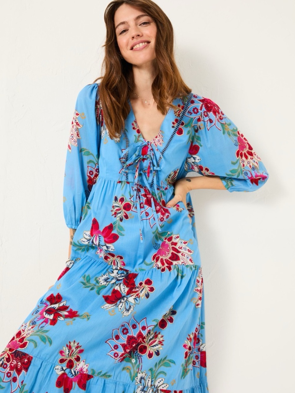 FATFACE Frankie Bright Blue Balinese Floral 100% Cotton Maxi Dress
